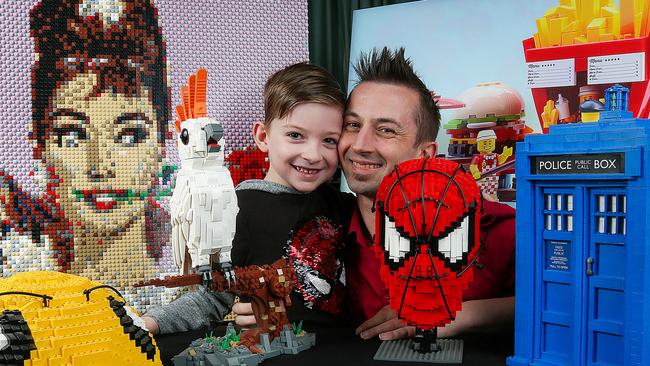 Lego Masters contestant Kale Frost and his son Leon, 6, at home in Mill Park. Picture: Ian Currie