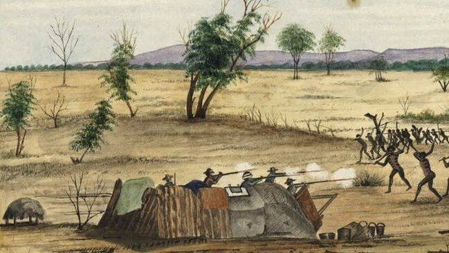 One of two original pictures from the Burke and Wills expedition of 1860–1861 by William Hodgkinson. His dramatic watercolour depicts an 1861 battle at a stockade at Bulla (Bulloo, near Thargomindah). Picture: Trove/National Library of Australia.