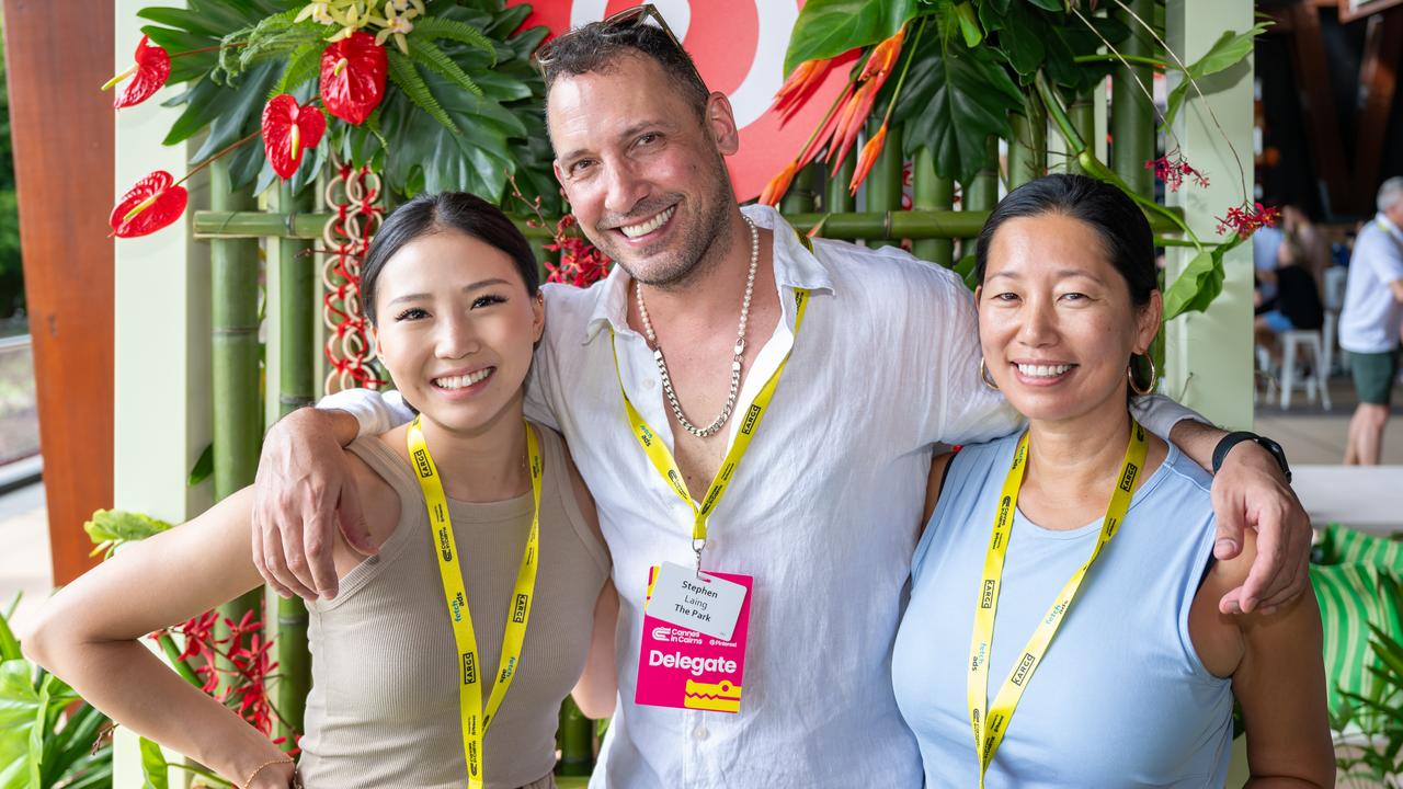 Julia Kim, Stephen Lang and Erika Morton Allen at Cannes In Cairns on Tuesday Morning. Picture Emily Barker