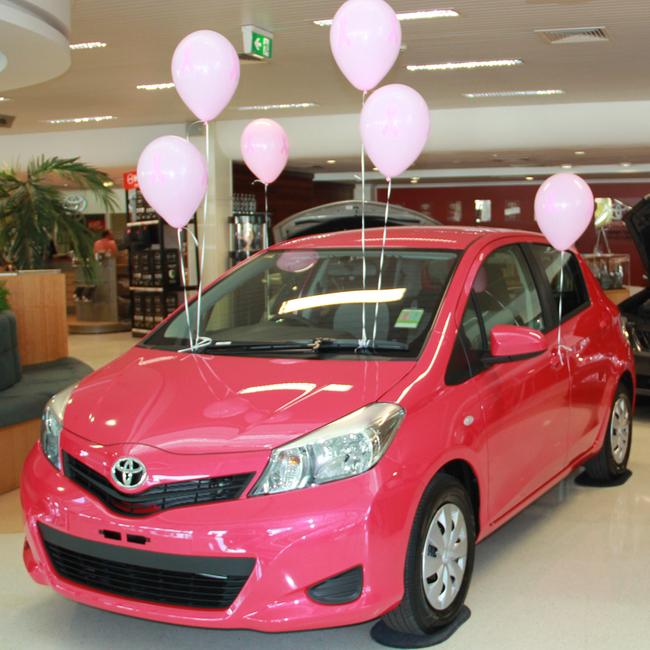 A Toyota Yaris dressed in Pink for Pink Ribbon Day. Pink was one of the rarest car colours found in Victoria, but could see a rise due to Barbie mania.