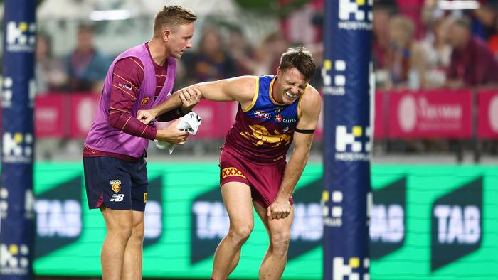 BRISBANE, AUSTRALIA - MAY 05: Lincoln McCarthy of the Lions is injured during the round eight AFL match between Brisbane Lions and Gold Coast Suns at The Gabba, on May 05, 2024, in Brisbane, Australia. (Photo by Chris Hyde/AFL Photos/via Getty Images )