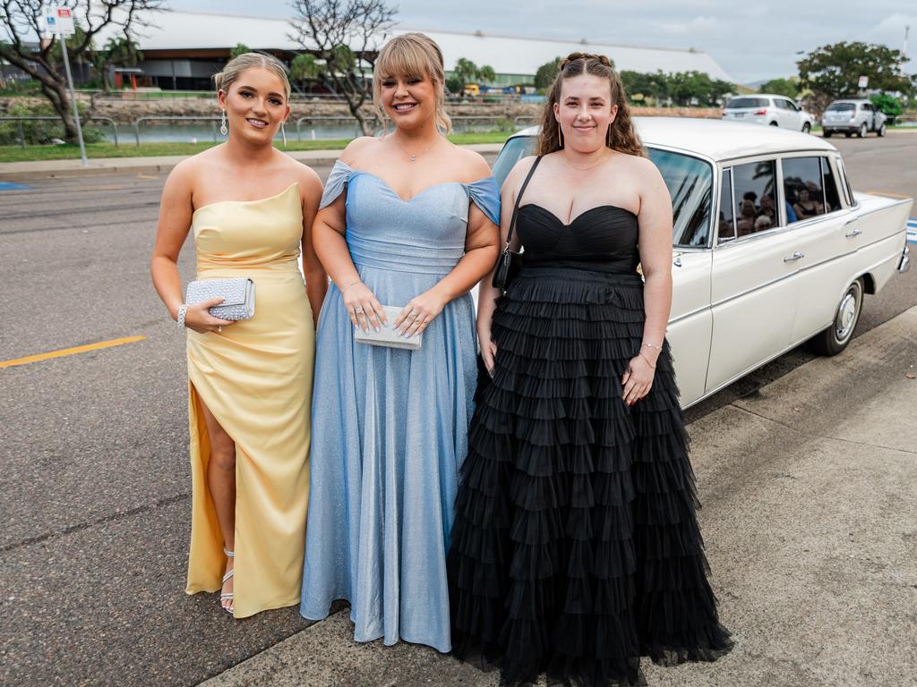 CLASS OF 2024: St Patrick's College Townsville school formal. Students Amy Jacobsen, school co-captain Eleanor Baxter and Charlotte McGill.