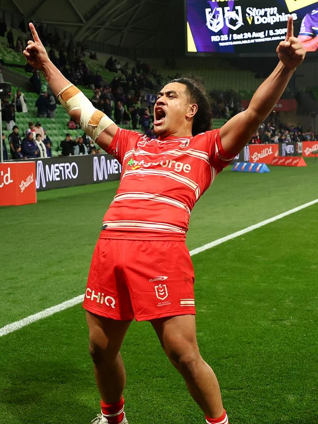 Christian Tuipulotu of the Dragons gave his jersey away last week but forgot to take out the GPS device. Picture: Getty Images