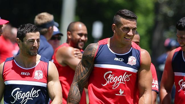 Anthony Minichiello and Sonny Bill Williams at Sydney Roosters training at Moore Park yesterday.