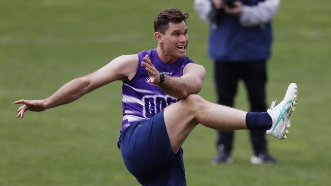 Tom Hawkins snaps on goal at training on Monday. Pic: Michael Klein