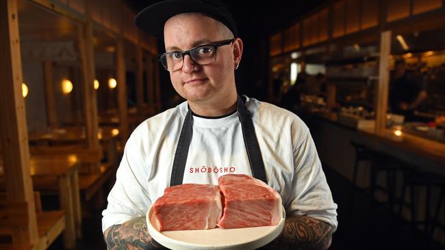 15/08/18 — Chef Adam Liston from Shobosho with wagyu which costs around $500/kg imported by Feast butchers. Picture: Tom Huntley