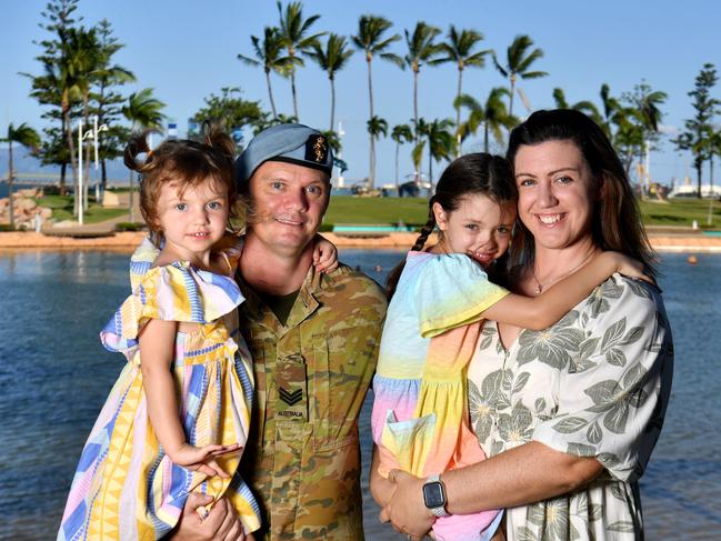 Sergeant Leigh Sparks, with his wife Laura and two daughters at the Rock Ppool (no name for children given)  from 1st Aviation Regiment, is one of the first soldiers from his unit to relocate from Darwin to Townsville. Picture: Evan Morgan