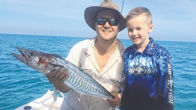 <s1>David O'Neill and son Tate with Tate's first Spanish mackerel</s1>.