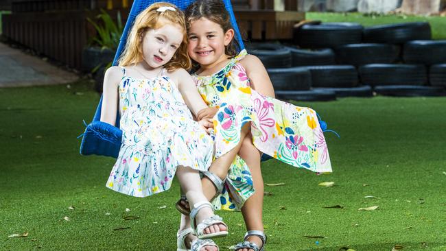 Five-year-old friends Layla and Grace who were both conceived with donor sperm. Their single mothers Belinda Wilson and Melissa Clark have become good friends since connecting over Facebook. Picture: Richard Walker