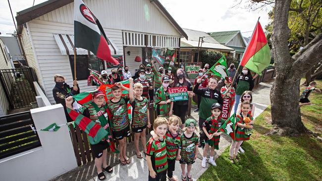 Diehard fans of the South Sydney Rabbitohs on McBurney Ave in Mascot are hoping to gather in the back lane to watch the game on a big screen. Picture: Adam Yip