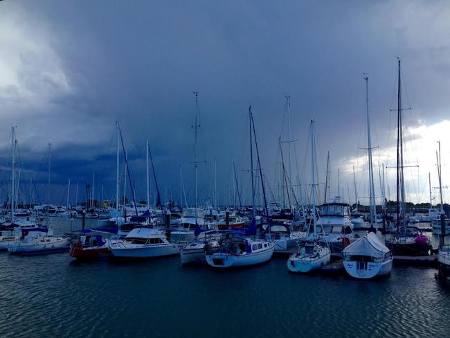 Storm front approaches Scarborough boat harbour. Pic Darren England