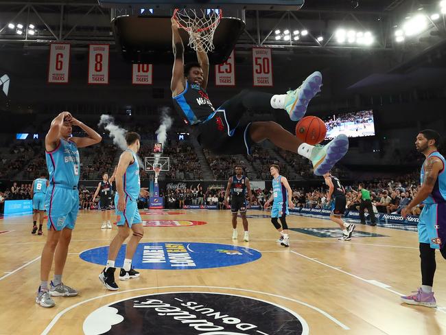 Ariel Hukporti threw down a massive slam during United’s demolition of the Breakers. Picture: Getty Images