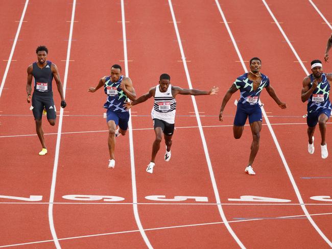 Trayvon Bromell, crosses the finish line in the Men's 100m final at the U.S. Olympic Track & Field Team Trials.
