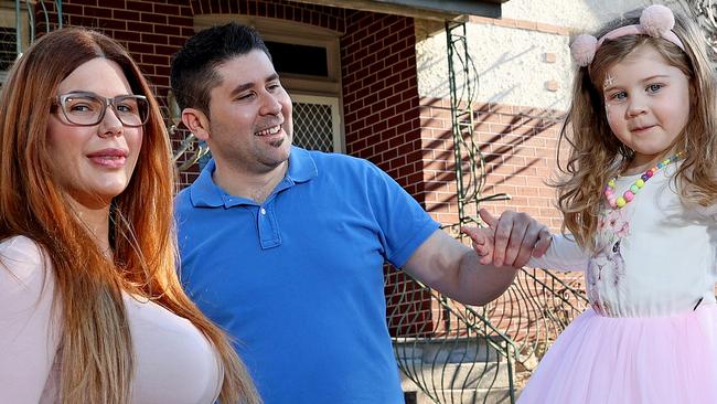 Adrian and Vanessa with daughter Leah, 4, outside their recently purchased home in Haberfield, one of the suburbs set to break the $3m average price mark in coming months. Picture: Toby Zerna