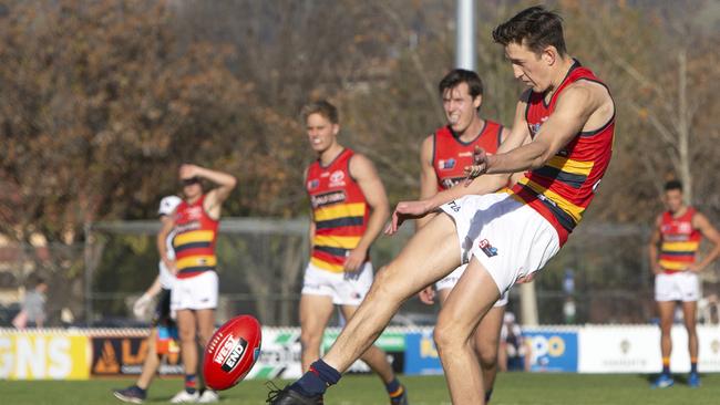 Second-year Adelaide draftee Lachlan Gollant kicks his first SANFL goal against Sturt at Unley Oval on Sunday. Picture: Emma Brasier