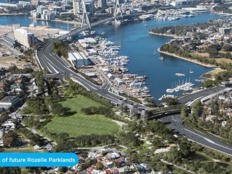 Artist impression of the future Rozelle parklands, anticipated to reach completion in 2023.