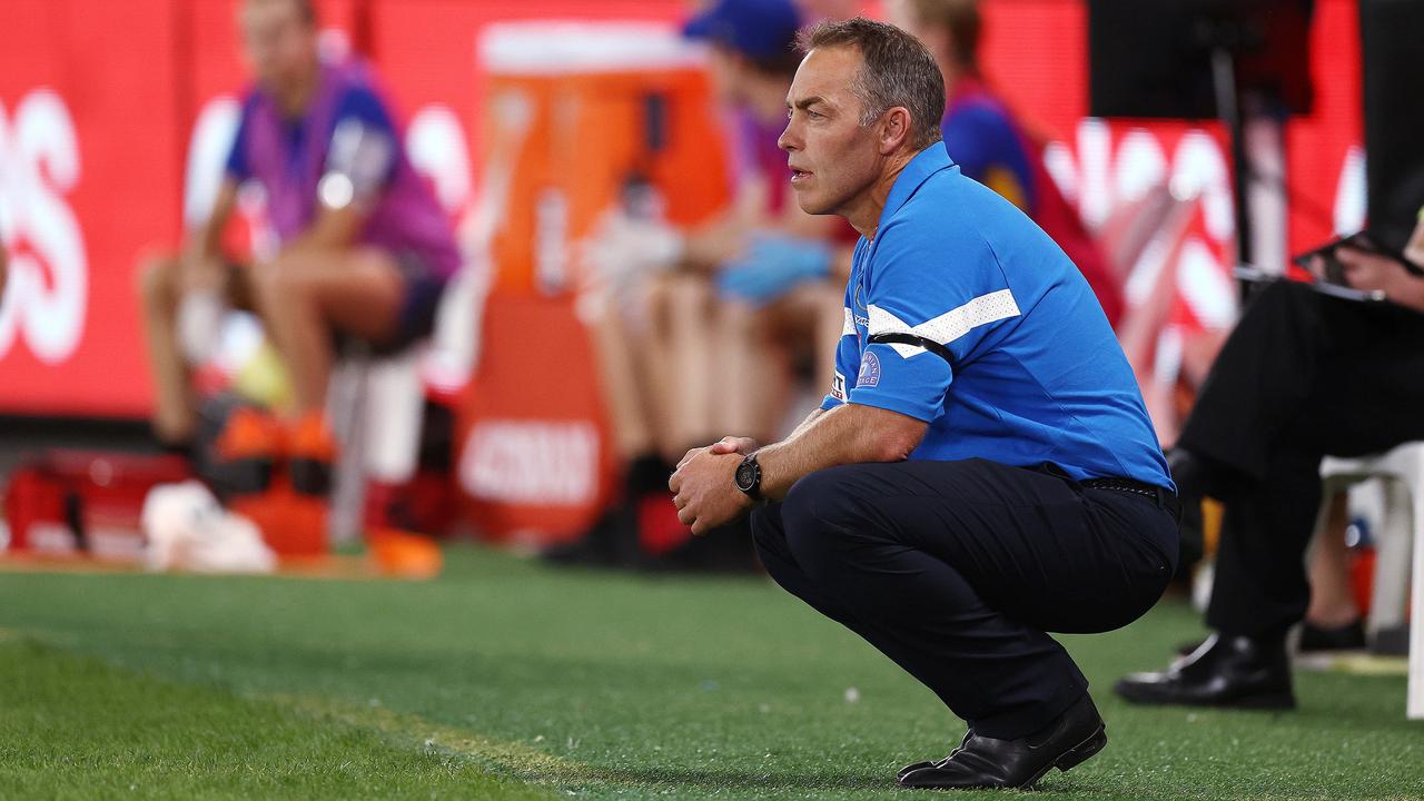 Alastair Clarkson gets back down to business on the boundary line. Picture: Michael Klein