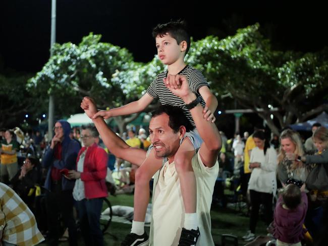 Fans celebrate after Australia defeated France in the quarter-finals of the FIFA Women's World Cup, at The Strand in Townsville on August 12, 2023. Picture: Blair Jackson