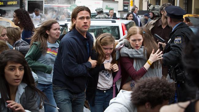 Brad Pitt performing Hollywood heroics in the movie "World War Z." (AP Photo/Paramount Pictures, Jaap Buitendijk)