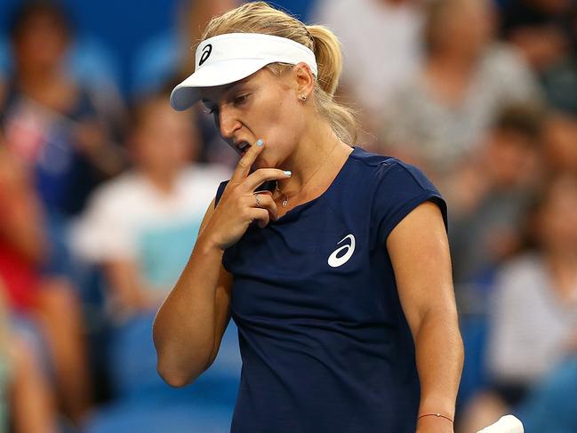 PERTH, AUSTRALIA - JANUARY 03:  Daria Gavrilova of Australia looks on after losing a game in her singles match against Elise Mertens of Belgium on day five of the 2018 Hopman Cup at Perth Arena on January 3, 2018 in Perth, Australia.  (Photo by Paul Kane/Getty Images)