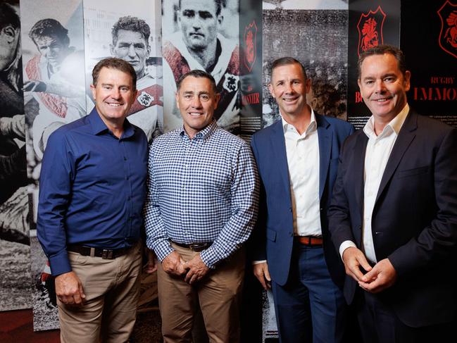 Cricket legend Mark Taylor, coach Shane Flanagan, Dragon legend Mark Coyne and chairman Andrew Lancaster pose for a photo at The Dragons Way Breakfast in the St George Illawarra NRL club museum at St George Leagues Club, Kogarah. Picture: Max Mason-Hubers