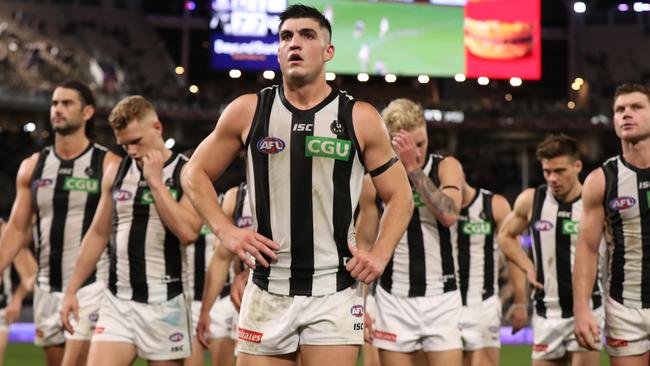 Brayden Maynard and his Magpies teammates were gutted after going down to Fremantle on Sunday. Picture: Paul Kane/Getty Images