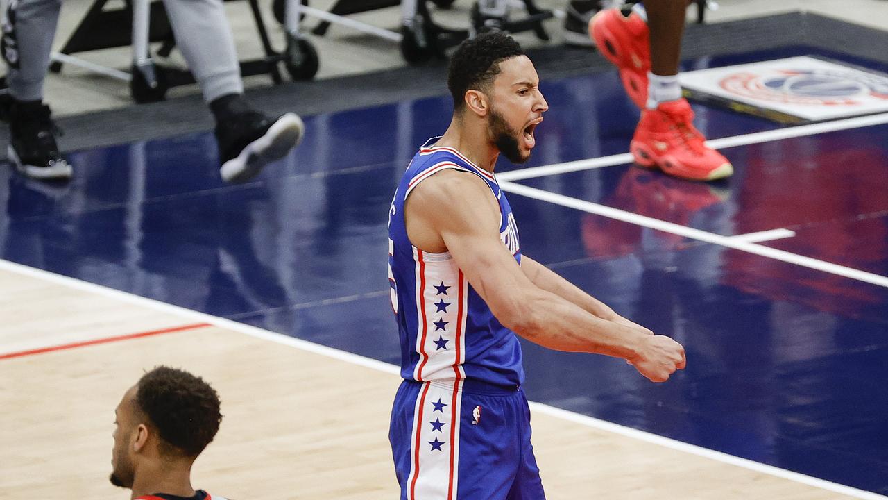 WASHINGTON, DC - MAY 31: Ben Simmons #25 of the Philadelphia 76ers celebrates during the first quarter against the Washington Wizards during Game Four of the Eastern Conference first round series at Capital One Arena on May 31, 2021 in Washington, DC. NOTE TO USER: User expressly acknowledges and agrees that, by downloading and or using this photograph, User is consenting to the terms and conditions of the Getty Images License Agreement. (Photo by Tim Nwachukwu/Getty Images)