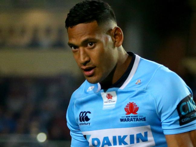 Israel Folau of the Waratahs walks onto the field prior to the Round 12 Super Rugby match between the NSW Waratahs and the Blues at Brookvale Oval in Sydney on Saturday, May 5, 2018. (AAP Image/Jeremy Ng) NO ARCHIVING, EDITORIAL USE ONLY