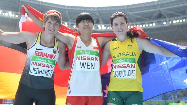 Long jump winners: Silver medalist Franziska Liebhardt of Germany, gold medalist Wen Xiaoyan of China and bronze medalist Jodi Elkington-Jones of Australia. Picture: Getty