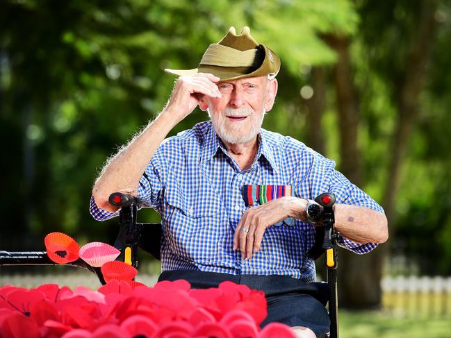 WWII Veteran Donald McDonald will spend this years Anzac Day on his driveway. Picture: Alix Sweeney