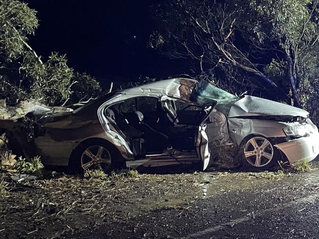 A 20-year-old driver is in hospital in a critical condition after crashing into a tree and suffering life threatening injuries at Currency Creek south of Adelaide overnight. Picture: Gary Juleff