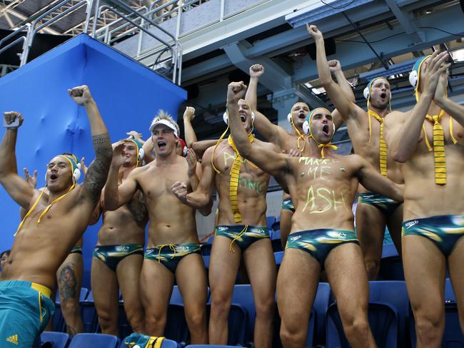 Australia fans show support to their team during their women's water polo quarterfinal match against Hungary at the 2016 Summer Olympics in Rio de Janeiro, Brazil, Monday, Aug. 15, 2016. (AP Photo/Eduardo Verdugo)