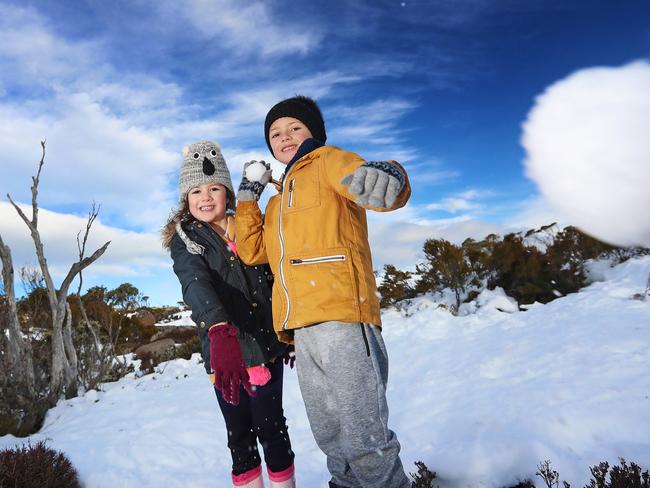 Alina, 5 and Gregor Soghomonian, 7, visited Mount Wellington from Sydney recently and loved the snow. Picture: Luke Bowden