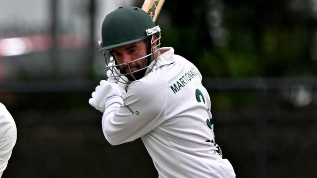 CroydonÃs Daniel J Ivanovic and SpotswoodÃs Jarrod Martignago during the VSDCA Croydon v Spotswood cricket match at Croydon Park in Croydon, Saturday, Jan. 28, 2023.Picture: Andy Brownbill