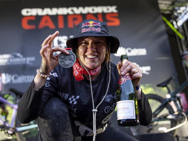 Harriet Burbidge-Smith celebrates victory in the Women's Speed and Style at Crankworx World Tour 2022 in Cairns. Picture: Red Bull