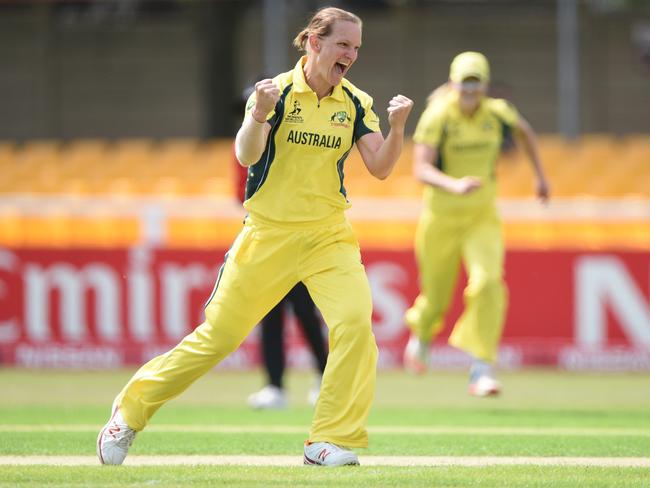 Sarah Aley of Australia celebrates after taking the wicket of Ayesha Zafar.