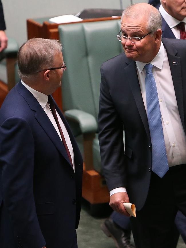 Opposition Leader Anthony Albanese and Prime Minister Scott Morrison share a moment. Picture: Kym Smith