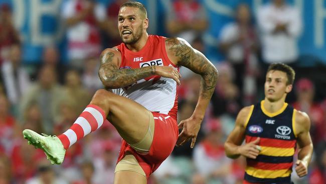 Lance Franklin kicks at goal against Adelaide.