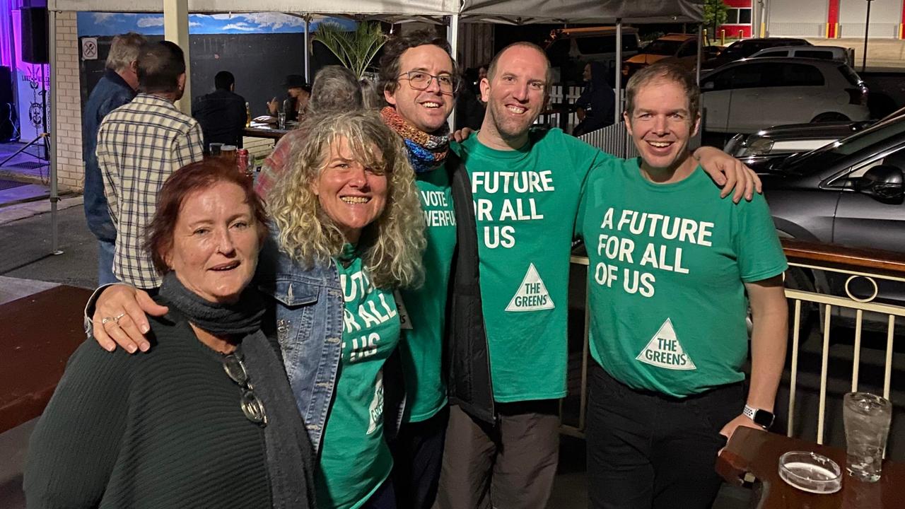 (From left to right) Tonia Binsair, Paula Creen, Jonathon Dykyj, Chris Evans and Gary Thomas celebrate 'Greensland' at Langford's Hotel in Mackay on election night 2022. Picture: Contributed