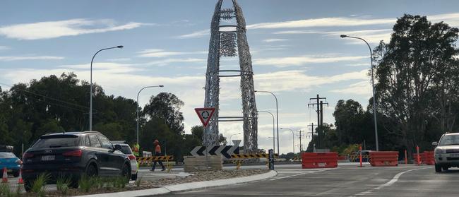 The 12m tall lighthouse sculpture on the new Bayshore Drive roundabout at Byron Bay.