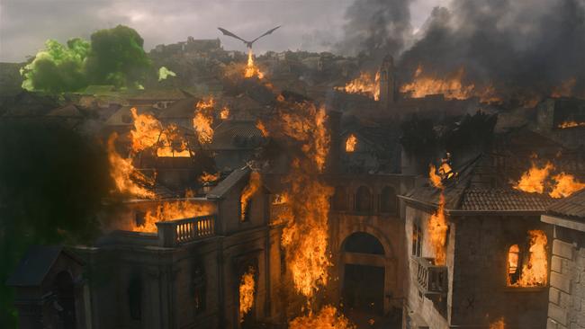 Drogon, with Daenerys aboard, rains down fire upon Kings Landing. Picture: Foxtel