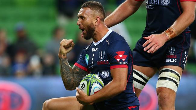 MELBOURNE, AUSTRALIA - APRIL 06: Quade Cooper of the Rebels celebrates after scoring a try during the round eight Super Rugby match between the Rebels and the Sunwolves at AAMI Park on April 06, 2019 in Melbourne, Australia. (Photo by Mike Owen/Getty Images for SUNWOLVES)