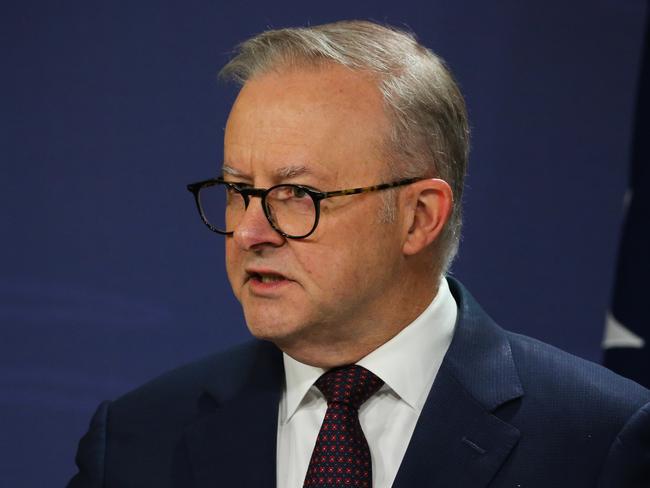 SYDNEY, AUSTRALIA: Newswire Photos: MAY 01 2024: Prime Minister Anthony Albanese is in Sydney today and addresses the media in a press conference with the Minister for Social Services, Amanda Rishworth and the Minister for Communications, Michelle Rowland. Picture: NCA Newswire / Gaye Gerard