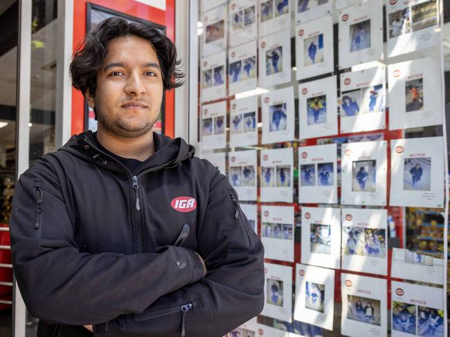 November 1, 2024:  Gilbert Street IGA Manager Prajwol Risal stands infront of the Wall of shame. Picture: Kelly Barnes