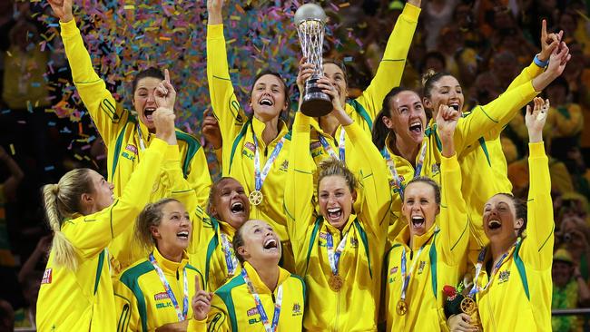 The Australian Netball Diamonds celebrate winning the 2015 Netball World Cup. Picture: Phil Hillyard