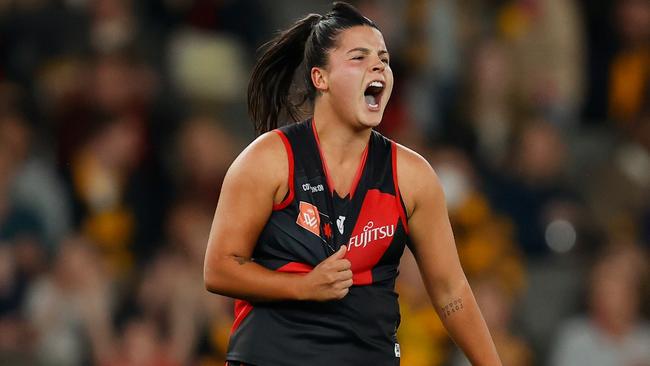 Madison Prespakis celebrates after kicking the last goal of the game as the Bombers ran away from Hawthorn. Picture: Michael Willson/AFL Photos via Getty Images