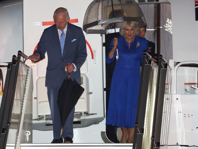 King Charles and Queen Camilla arrived at Sydney Airport for their official welcome on Friday night. Picture: Chris Jackson/Getty Images