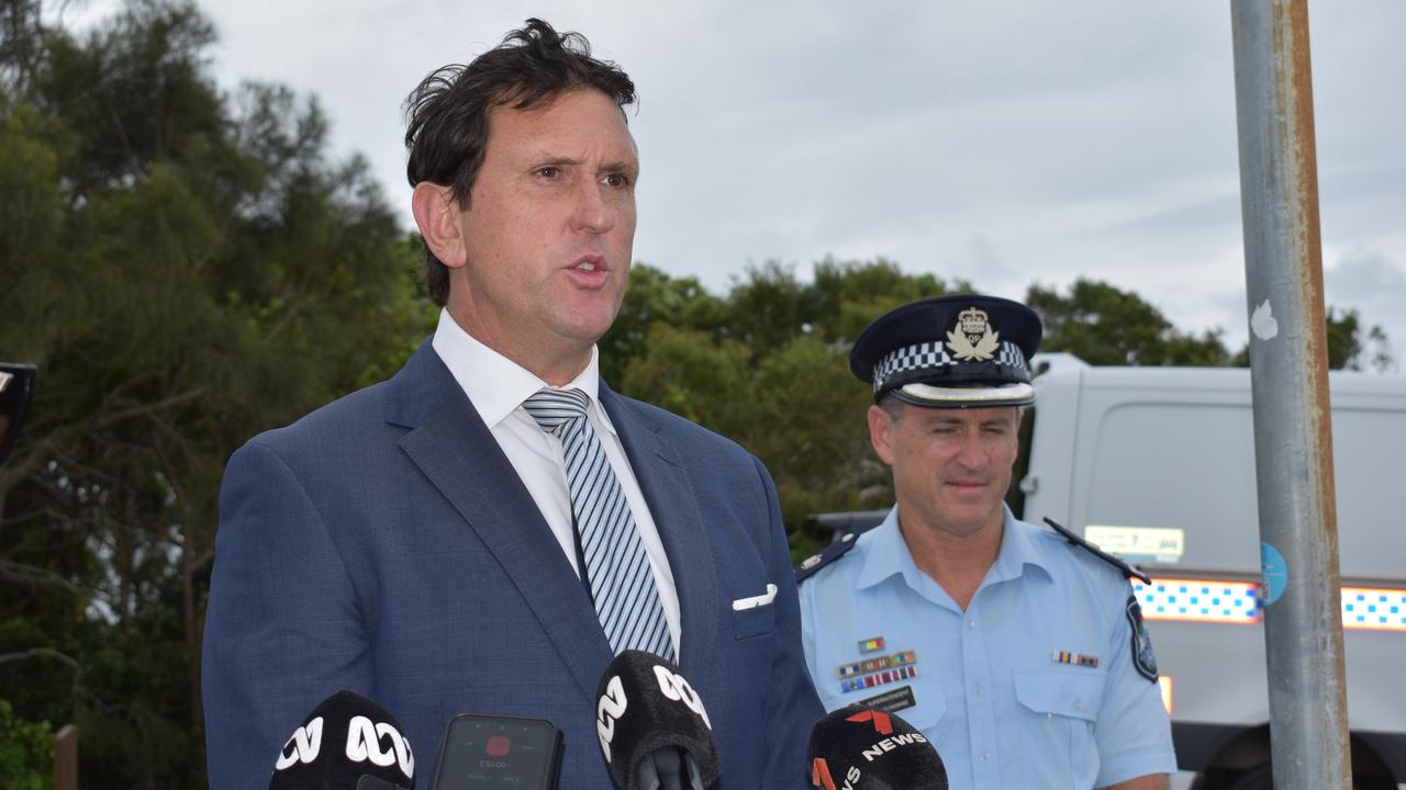 Police minister Dan Purdie speaking about road safety at a press conference in Alexandra Headland.