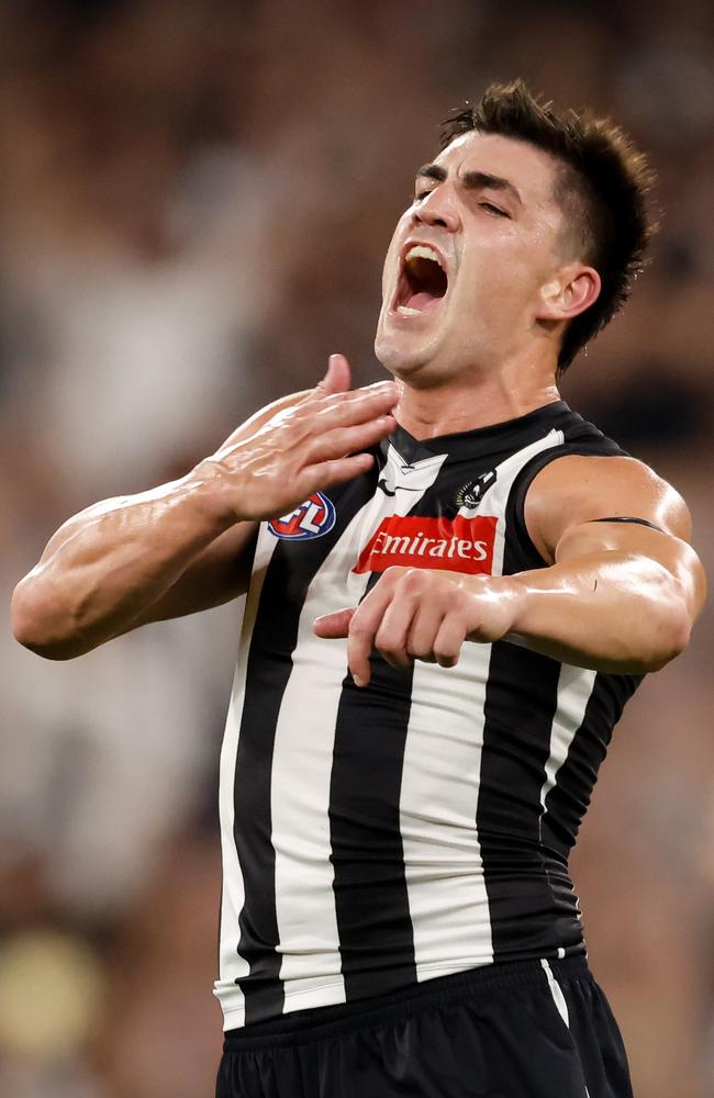 Brayden Maynard celebrates a goal against Port Adelaide. Picture: Dylan Burns/AFL Photos via Getty Images.