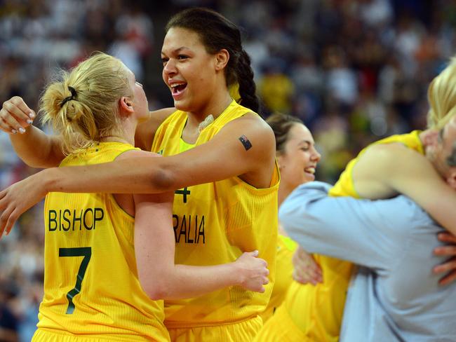 London Olympics 2012. Womens Basketball final Australia v Russia. Abby Bishop hugs a cyring Liz Cambage after the Aussies the bronze medal.